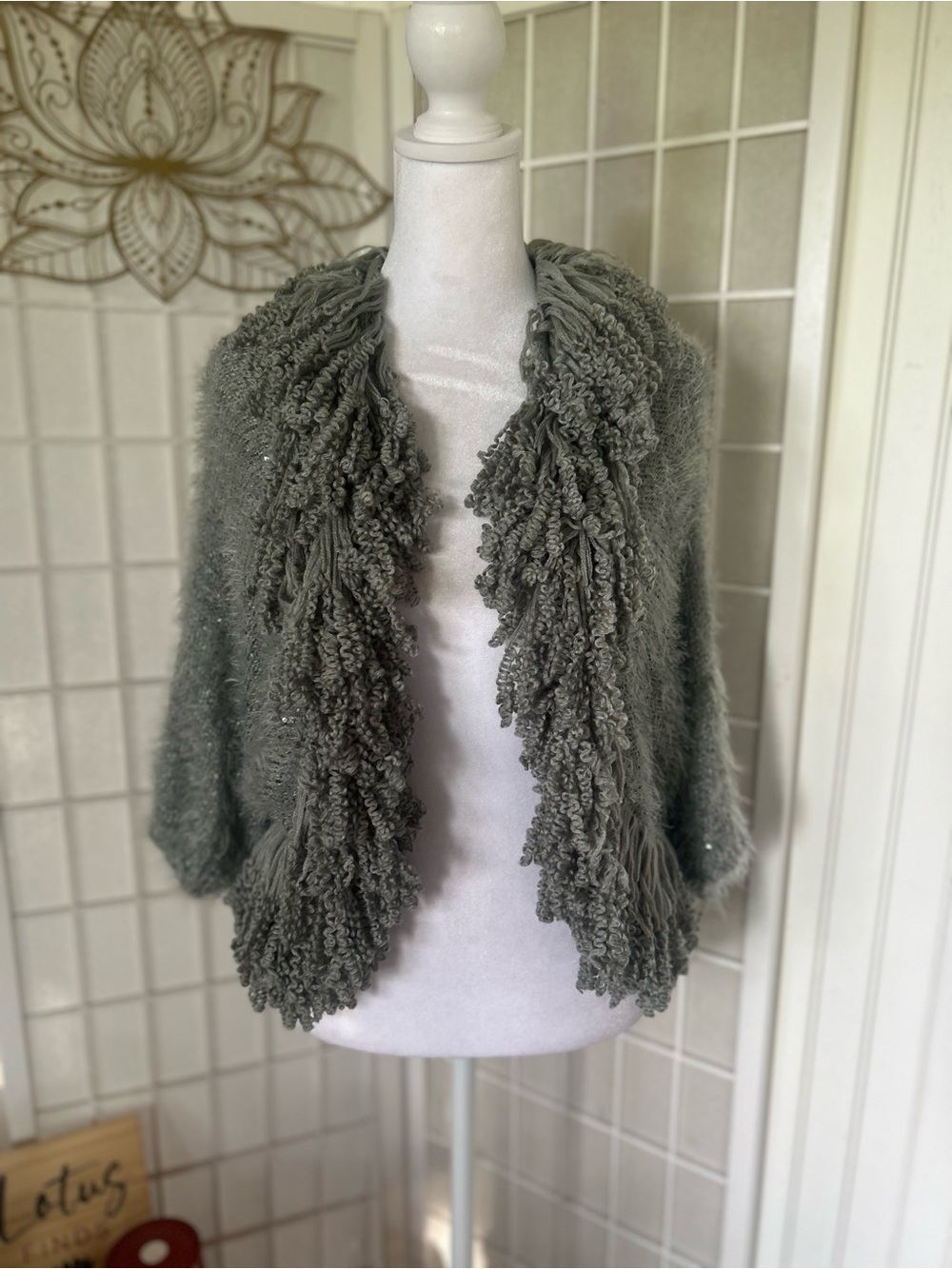 Sioni Sparkly Sequin Fringe Faux Mohair Cardigan Sweater S/M